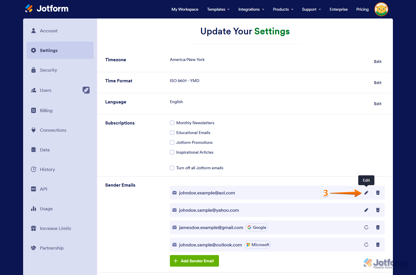 Edit button of a Sender Email in the Sender Emails section of the Jotform Settings page
