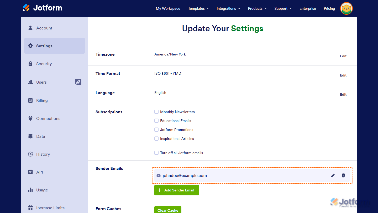 Saved custom sender email on Jotform Account Settings page
