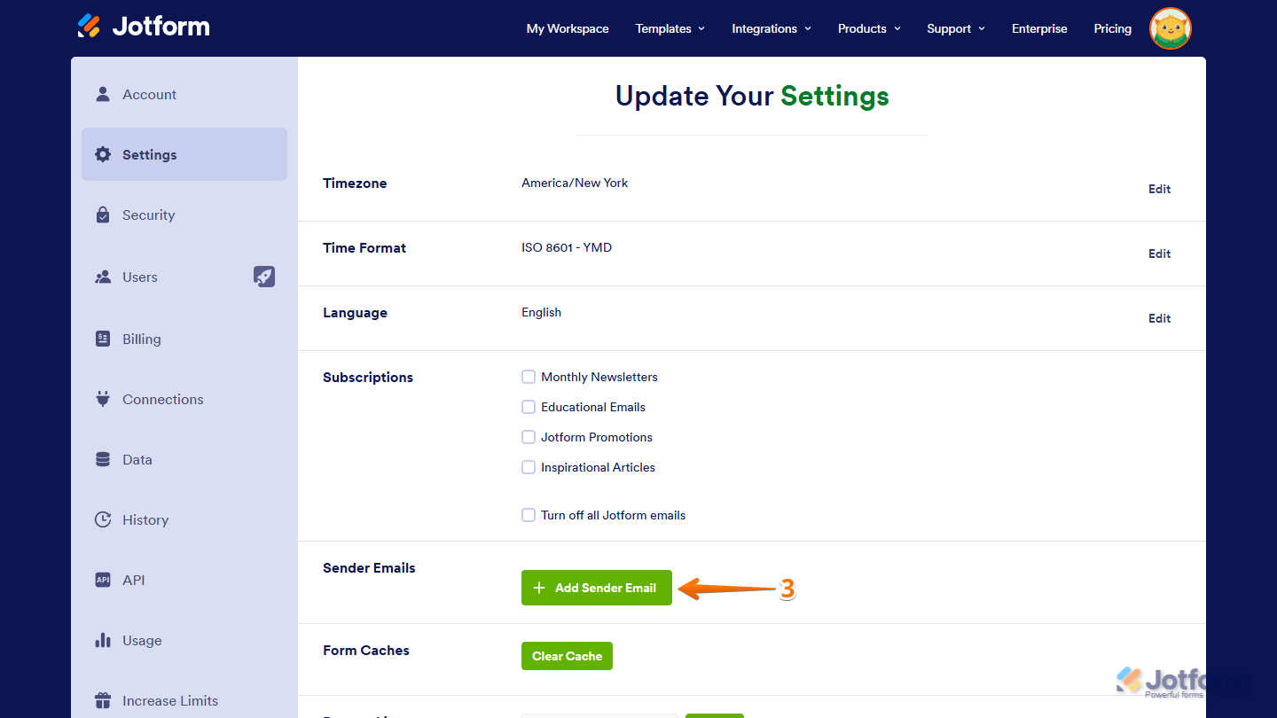 Sender Emails setting Add Sender Email button on Jotform Account Settings page
