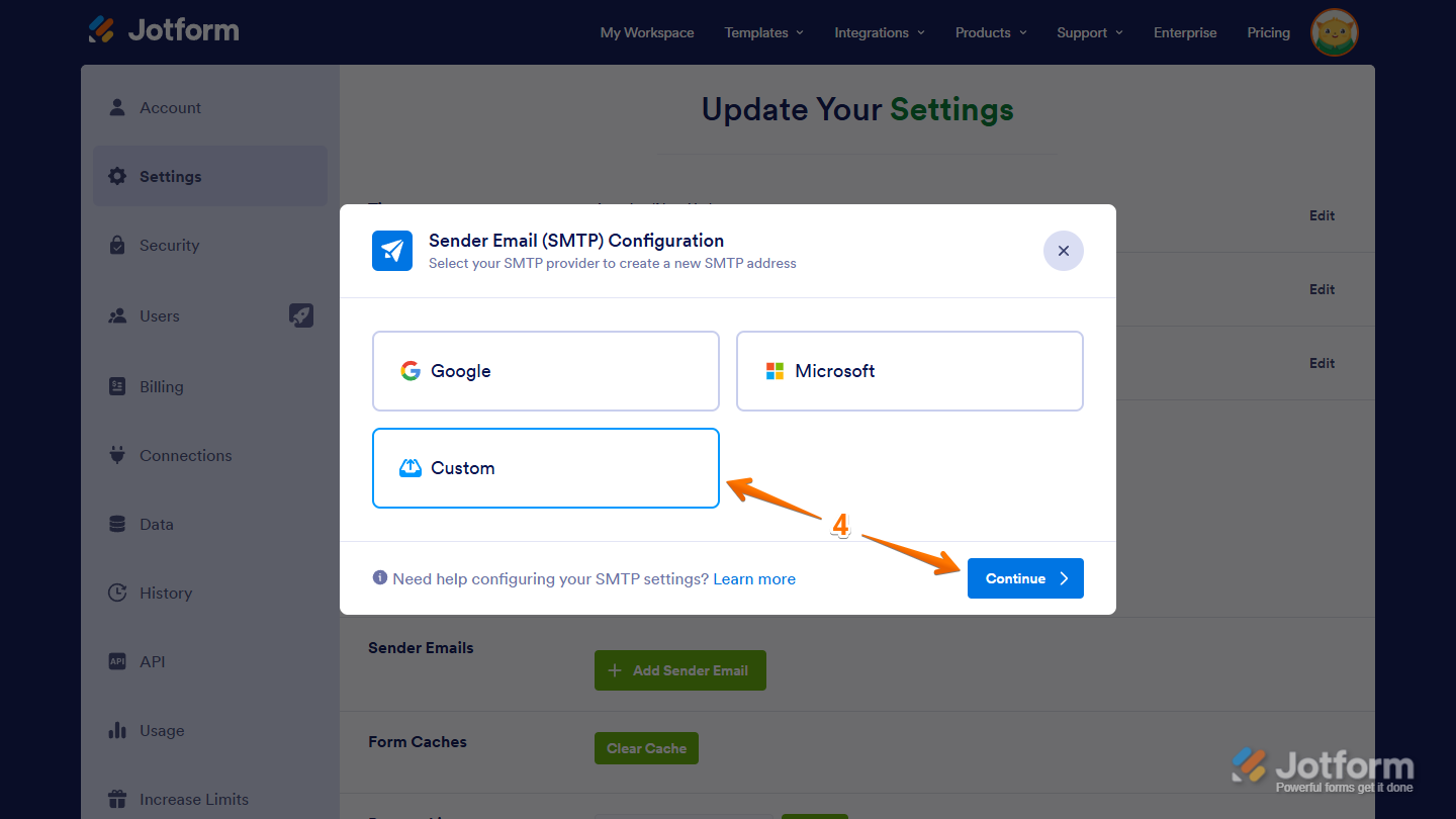 Custom option in the Sender Email (SMTP) Configuration window on Jotform Account Settings page