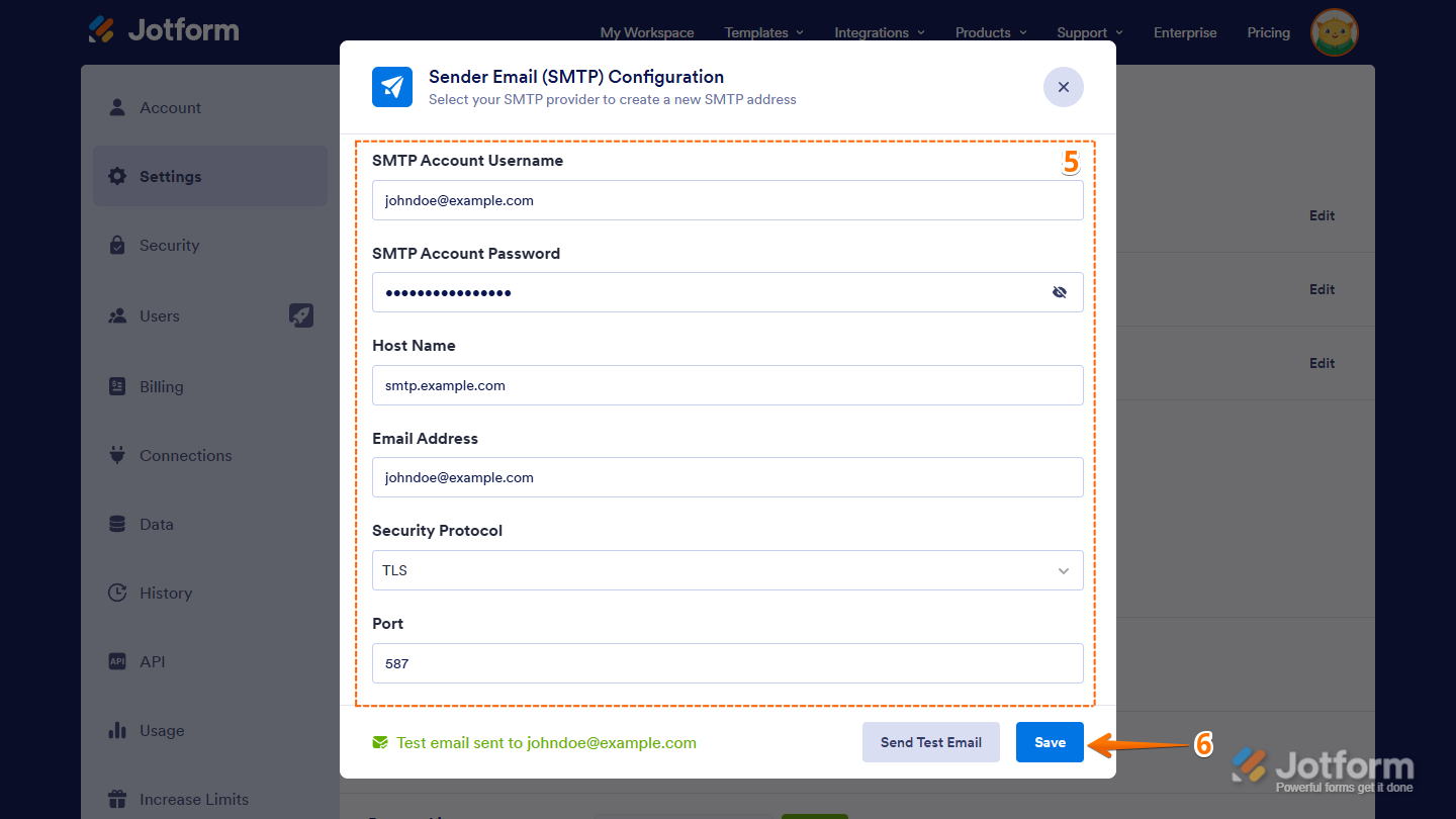 Save button for SMTP Settings in the Sender Email (SMTP) Configuration window on Jotform Account Settings page