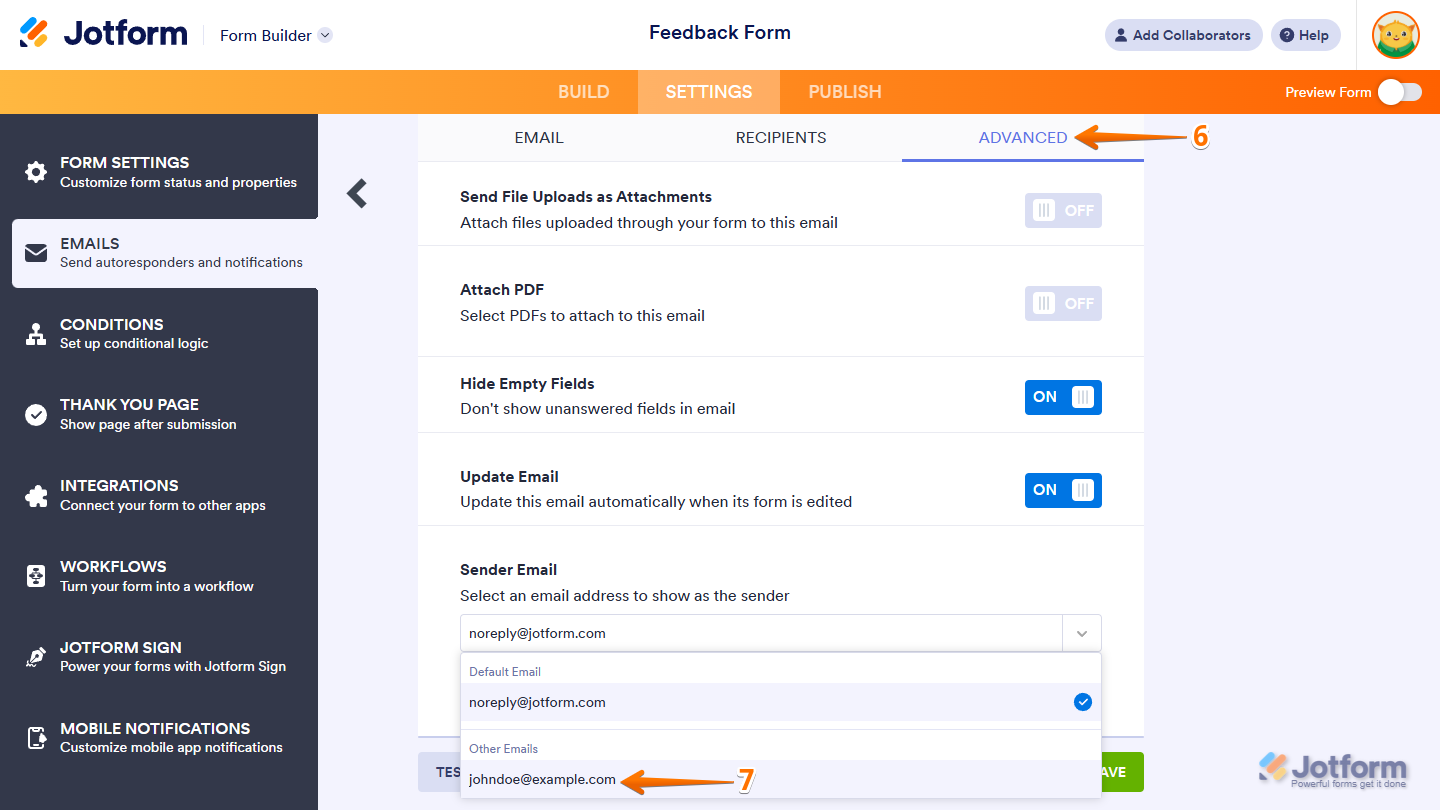 Sender Emails in the Recipients tab of the Notification Email settings in the Emails menu of the Jotform Form Builder Settings tab