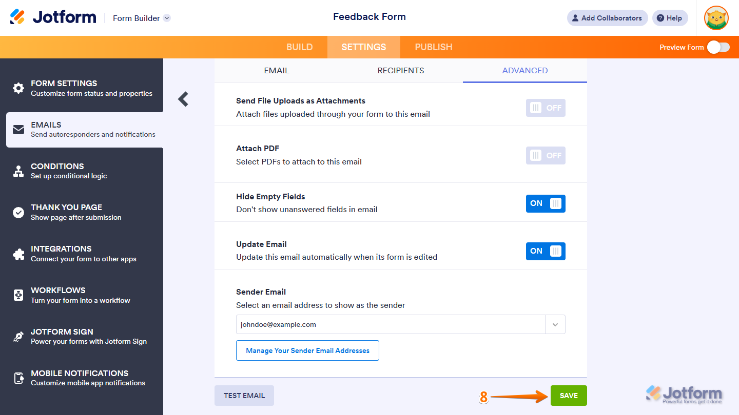 Save button of the Notification Email settings in the Emails menu of the Jotform Form Builder Settings tab