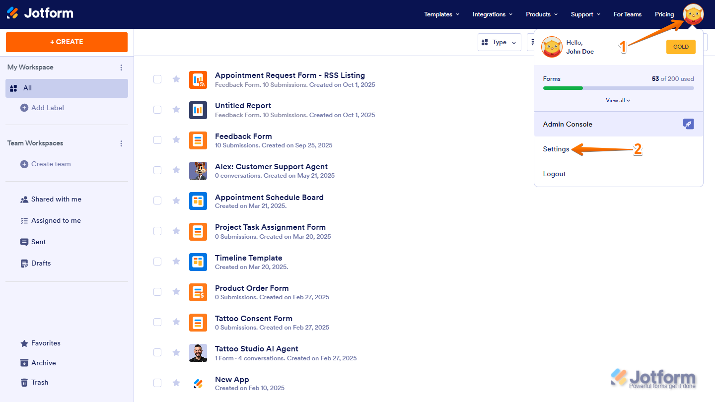 Settings option in the Avatar menu in Jotform My Workspace page