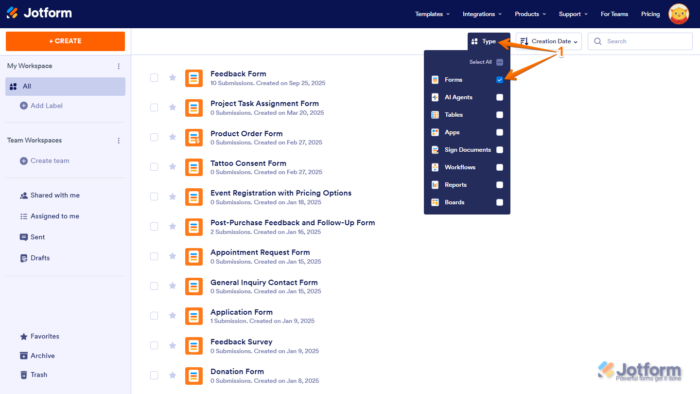 Forms option checked in the Type dropdown menu on the Jotform My Workspace page