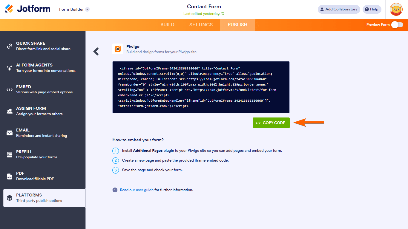A Piwigo Copy Code button in Jotform Form Builder Platforms