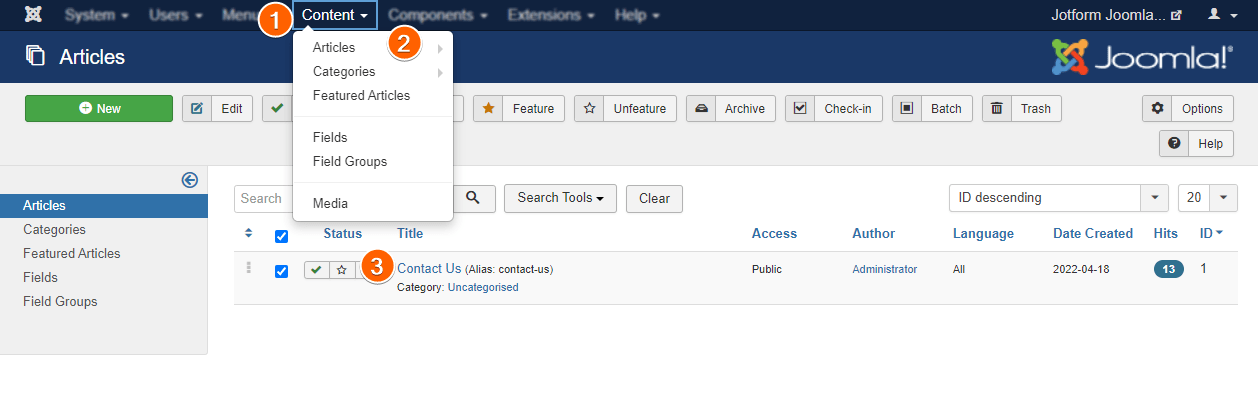 An Articles page in Joomla 3