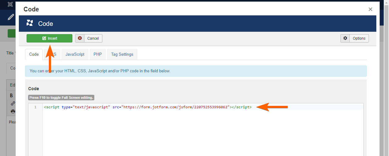An Insert Code button in Joomla 3