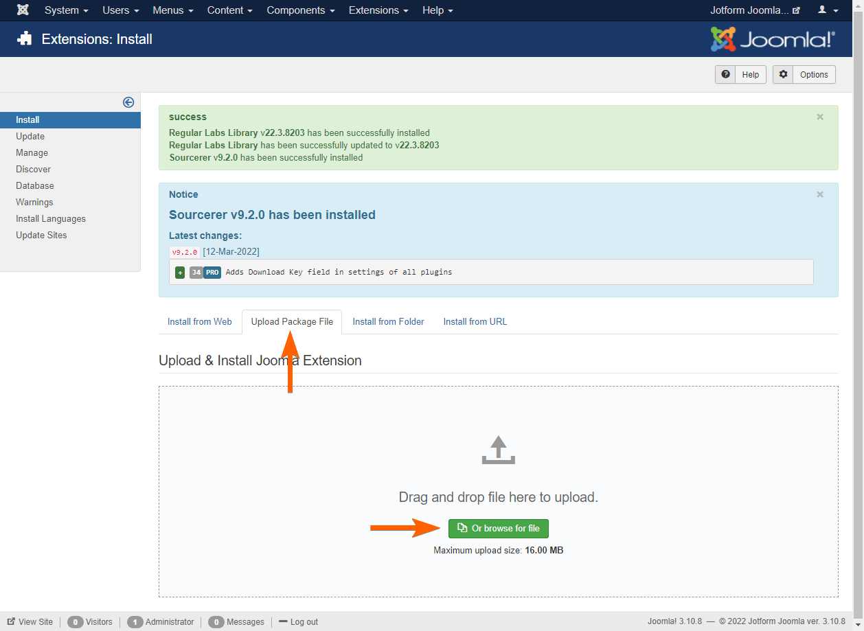 An Upload button in Joomla 3