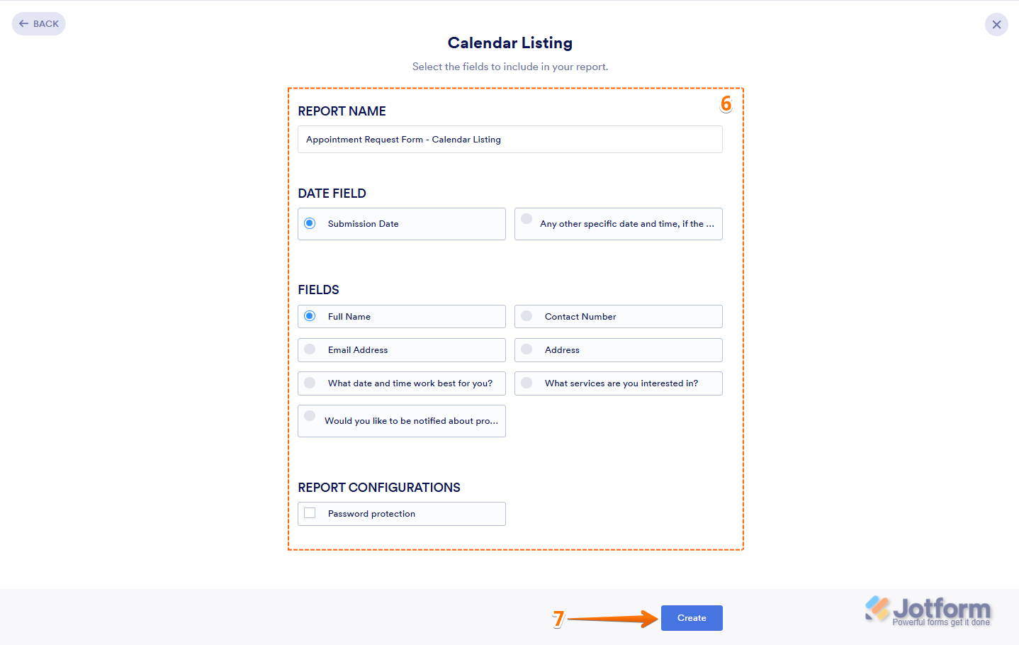 The Create Report page displays options to configure the Calendar Listing