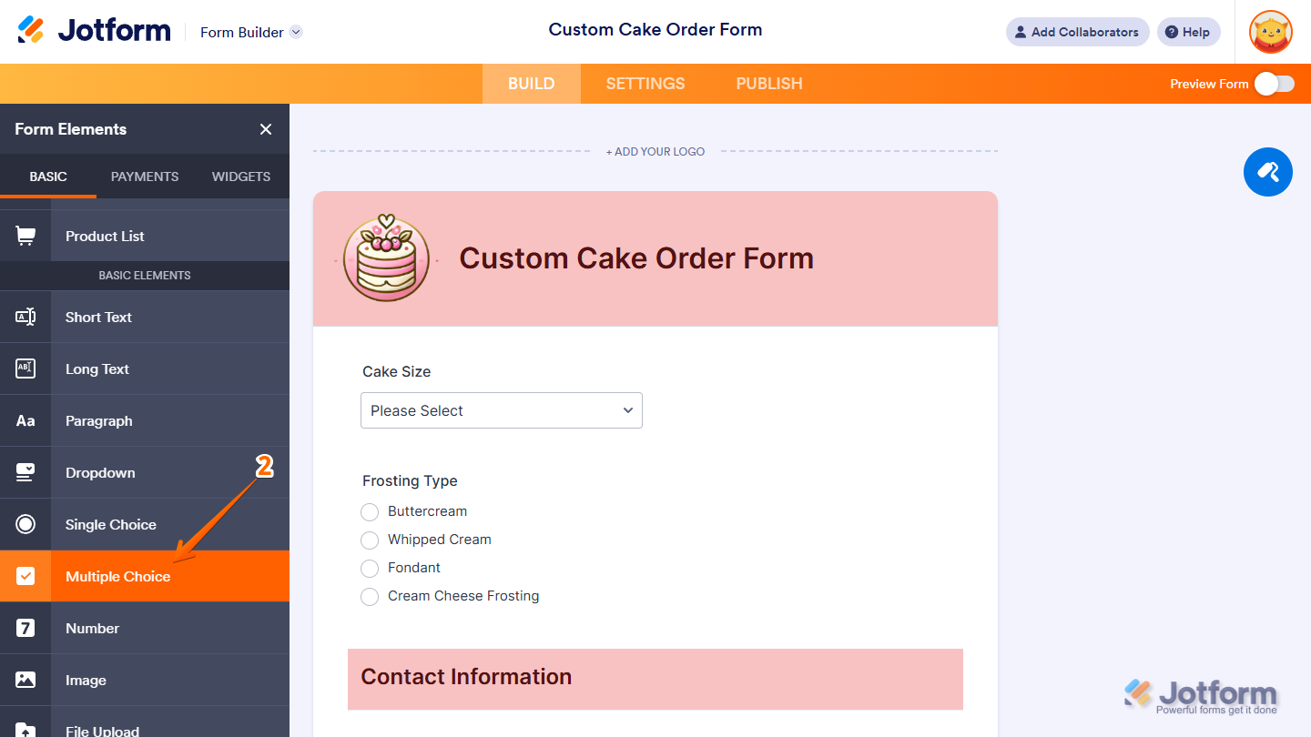 Multiple Choice element under the Basic tab of the Form Elements menu in Jotform Form Builder