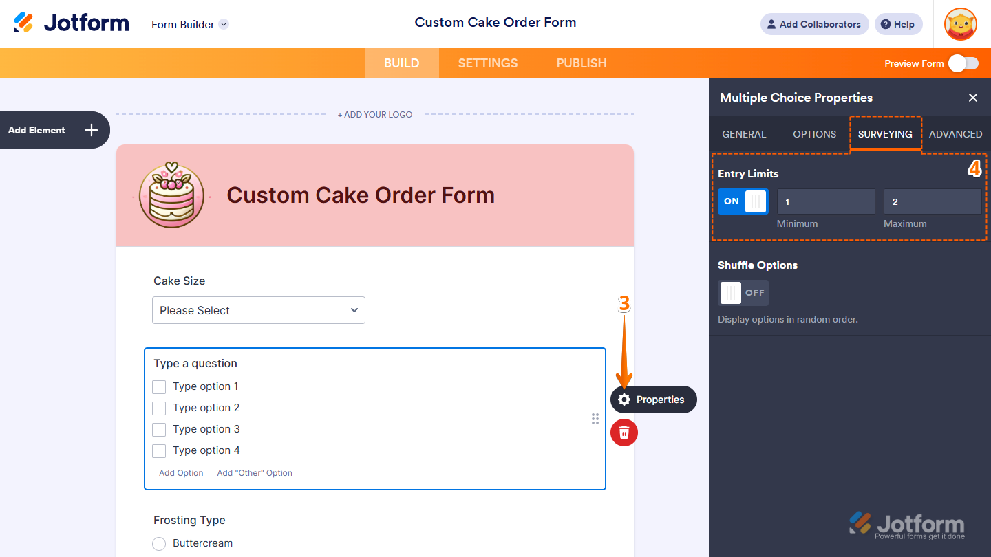 Entry Limits property under the Surveying tab of the Multiple Choice Properties window in Jotform Form Builder