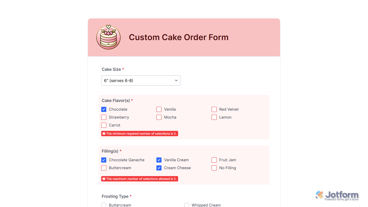 Minimum and maximum number of selections warning message of a multiple-choice field on a Jotform Sample Form