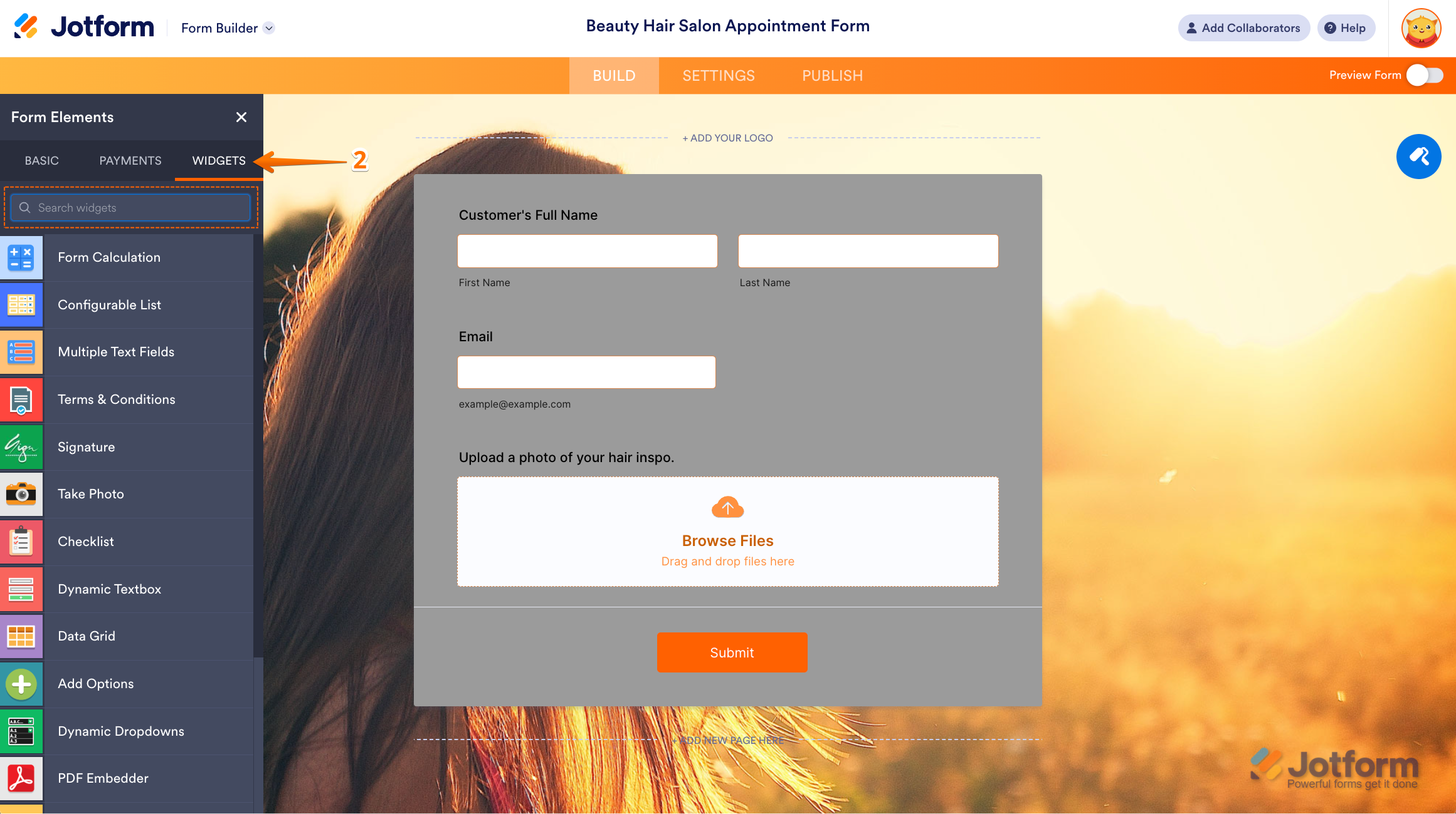 Navigating to the Widgets tab in Jotform’s Form Elements menu to find a specific widget