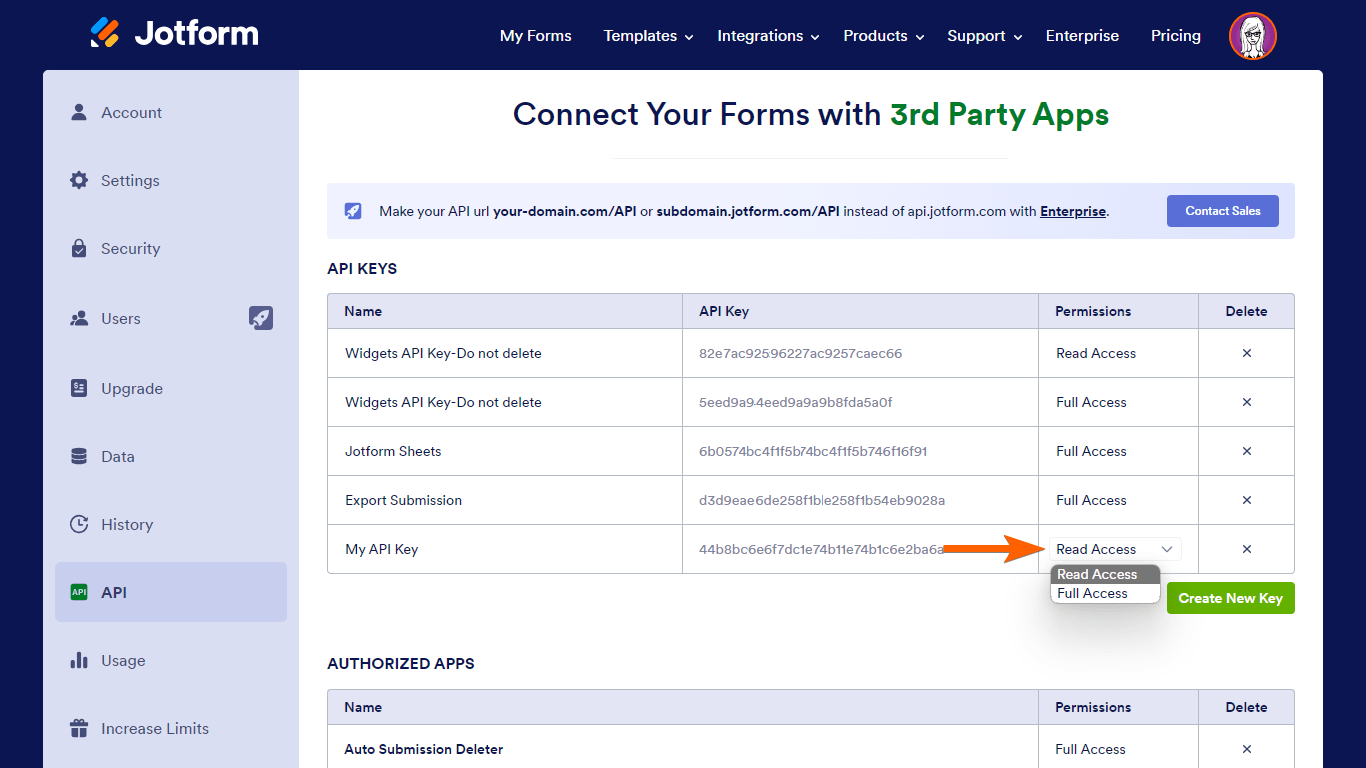 El permiso de la clave API en Jotform