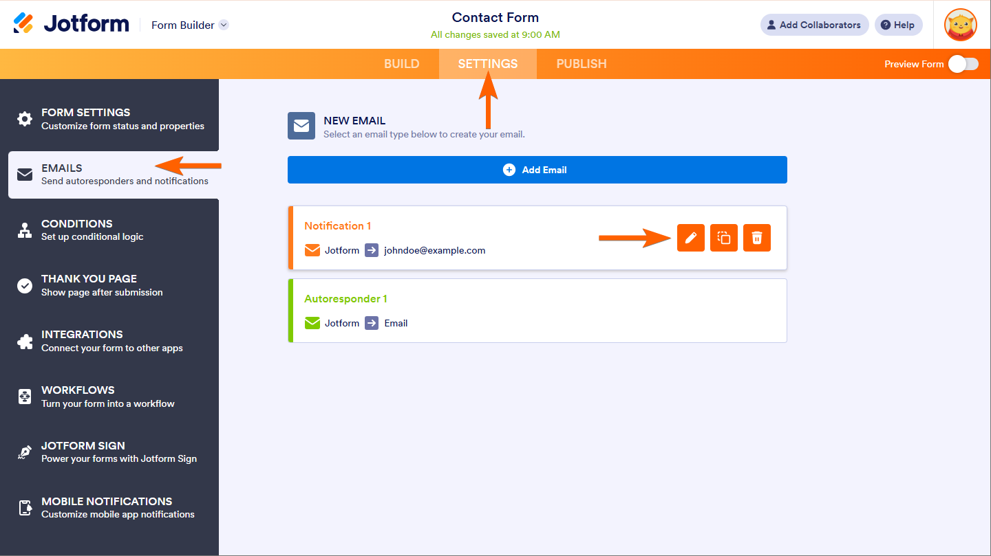 Edit option of Email Notification in Jotform