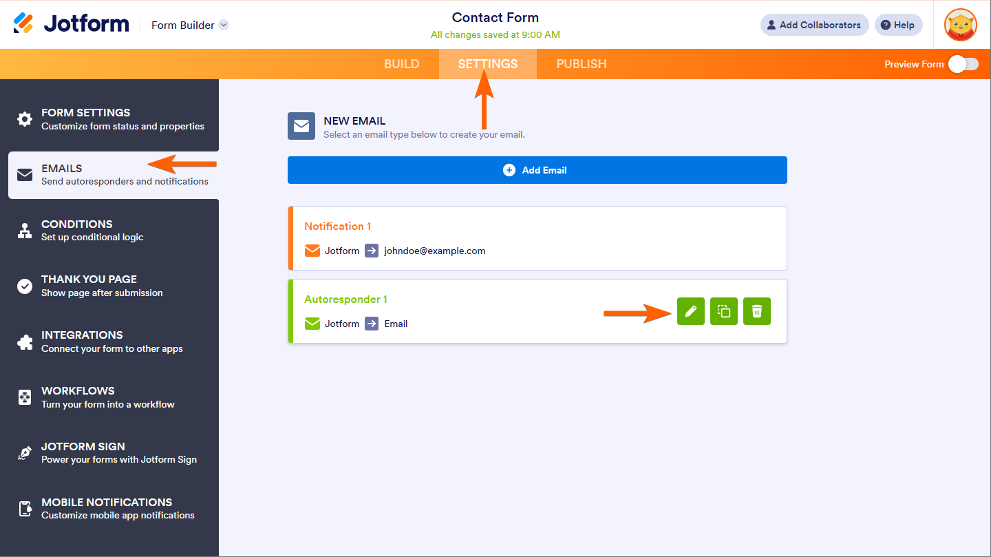 Edit option of Email Autoresponder in Jotform