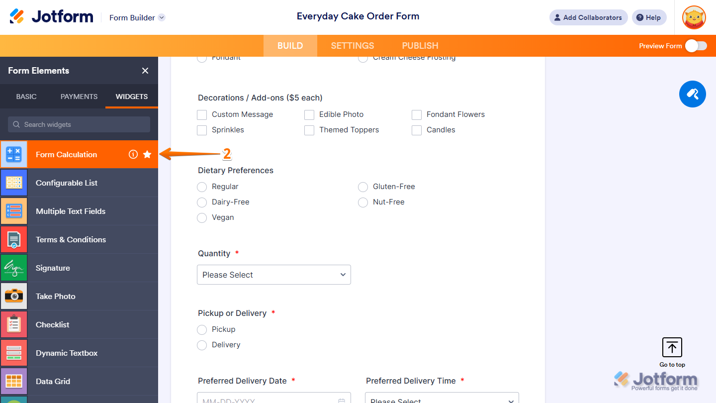Form Calculation widget under the Widgets tab of the Form Elements menu in Jotform Form Builder