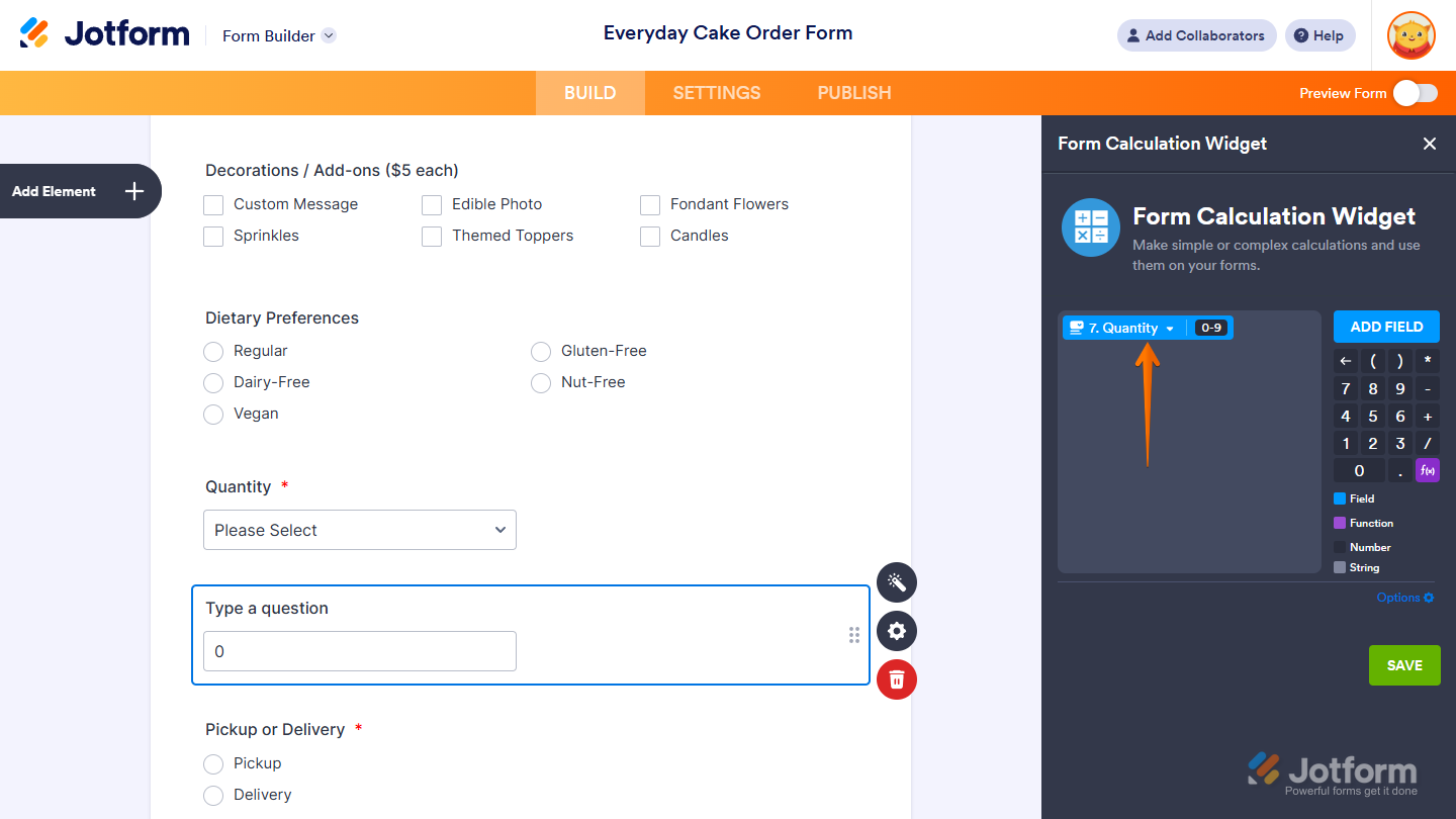 Form Field element in the Formula Editor of the Form Calculation Widget window in Jotform Form Builder