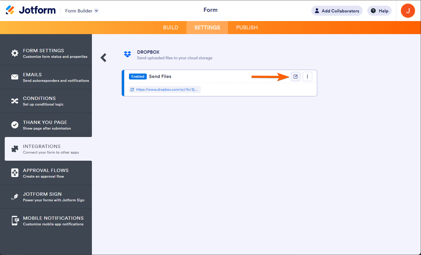Icono de Editar Integración en la configuración de integración de Dropbox de Jotform