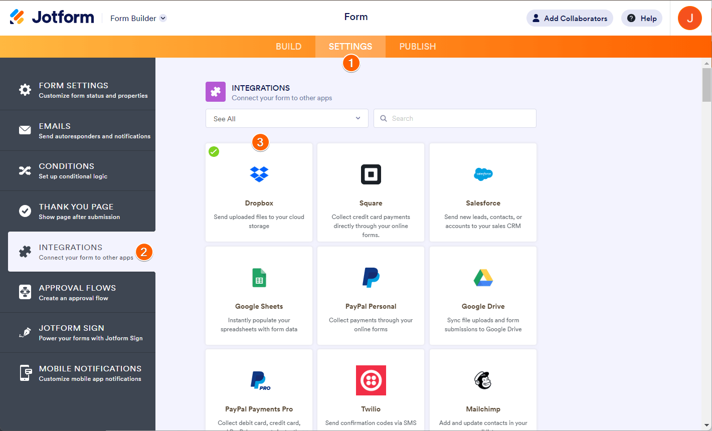 Integración de Dropbox en el Creador de Formularios de Jotform