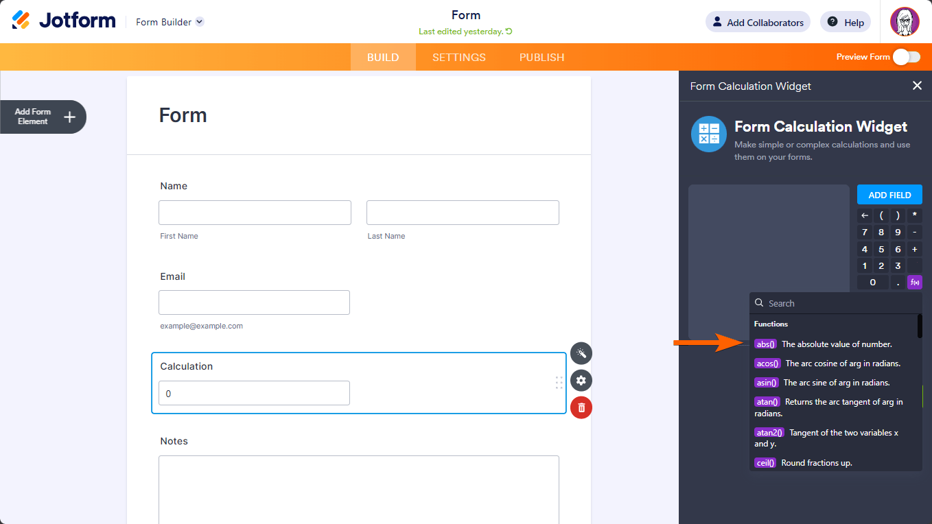 Cuadro de diálogo de búsqueda de funciones del widget Cálculo de Formularios en el Constructor de Formularios de Jotform