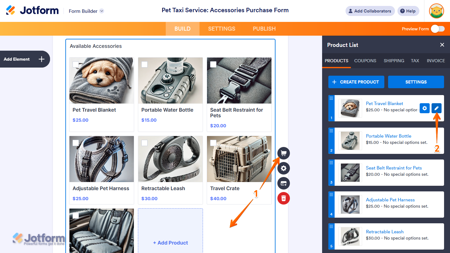 Edit button of a product item in Product List section in the Jotform Form Builder