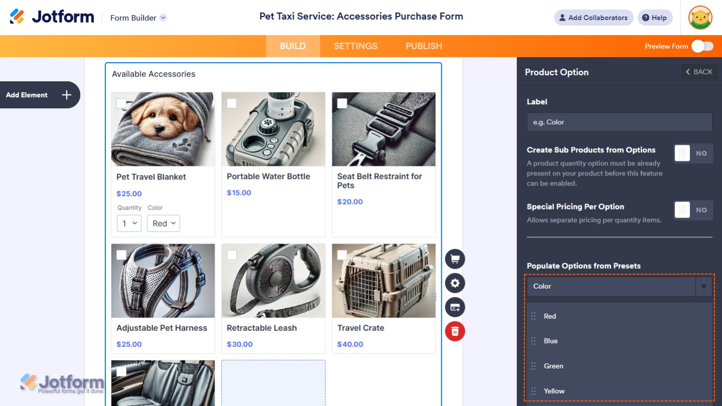 Populate Options from Presets dropdown of the Product Option section in the Jotform Form Builder