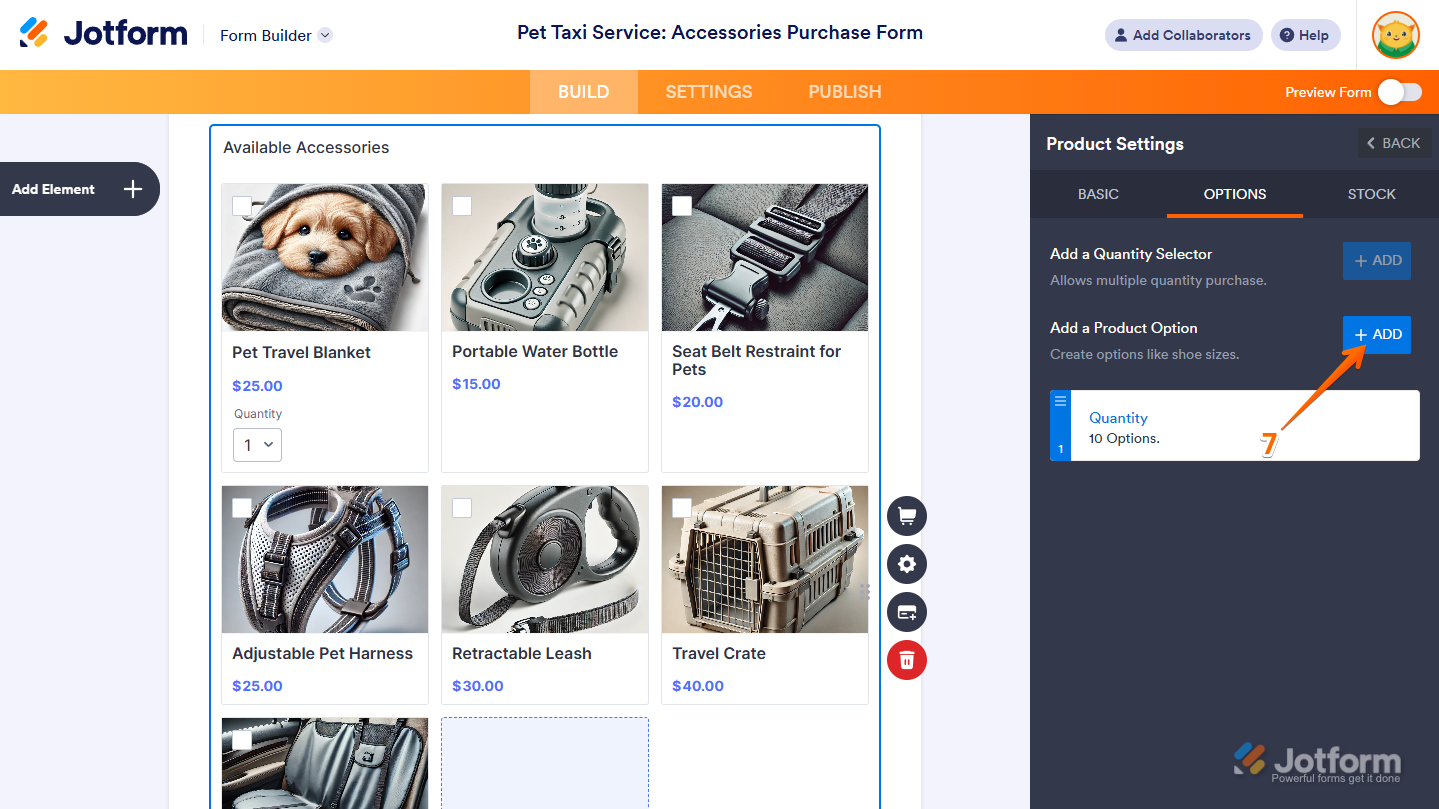 Add button of the Product Option in the Options tab of the Product Settings in the Jotform Form Builder