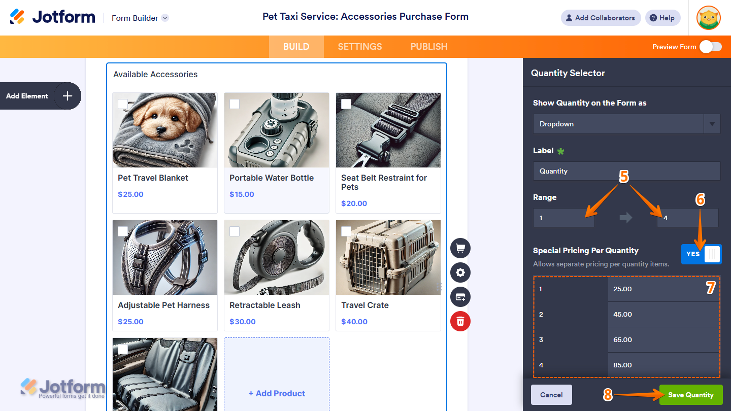 Configuraciones de rango, opción de Precios Especiales por Cantidad y botón de Guardar en la ventana del Selector de Cantidad del Creador de Formularios de Jotform