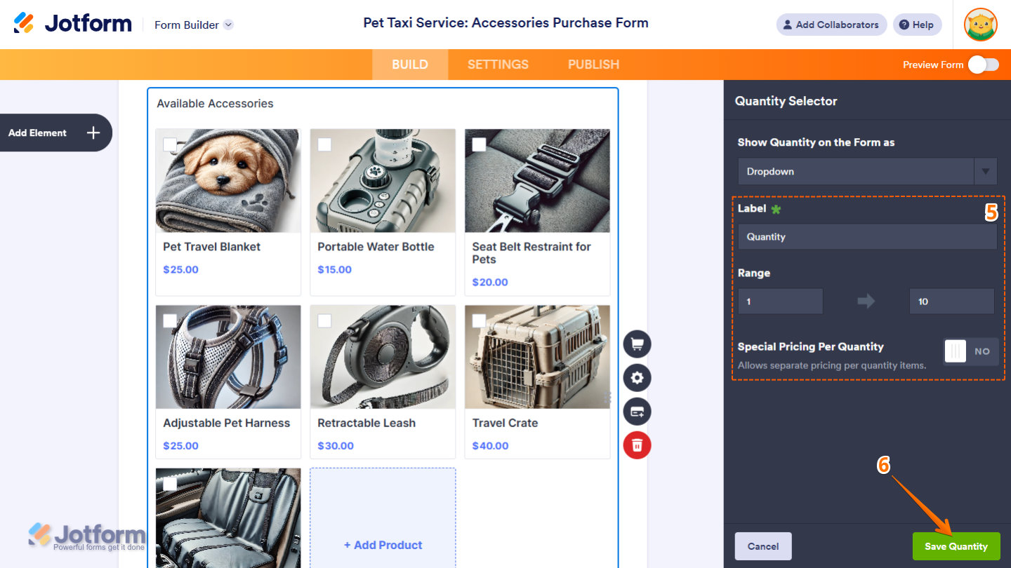 Different Settings and Save Quantity button in the Quantity Selector section of the Jotform Form Builder