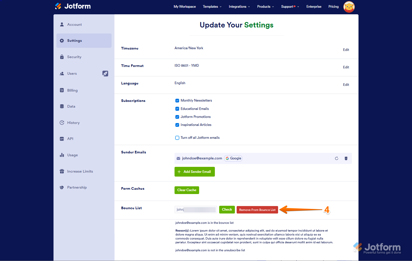 Managing your email status in Jotform by removing addresses from the Bounce List