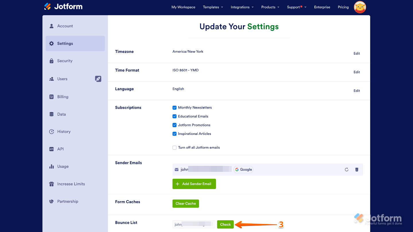 Accessing bounce list info in Jotform by clicking Check on the right side