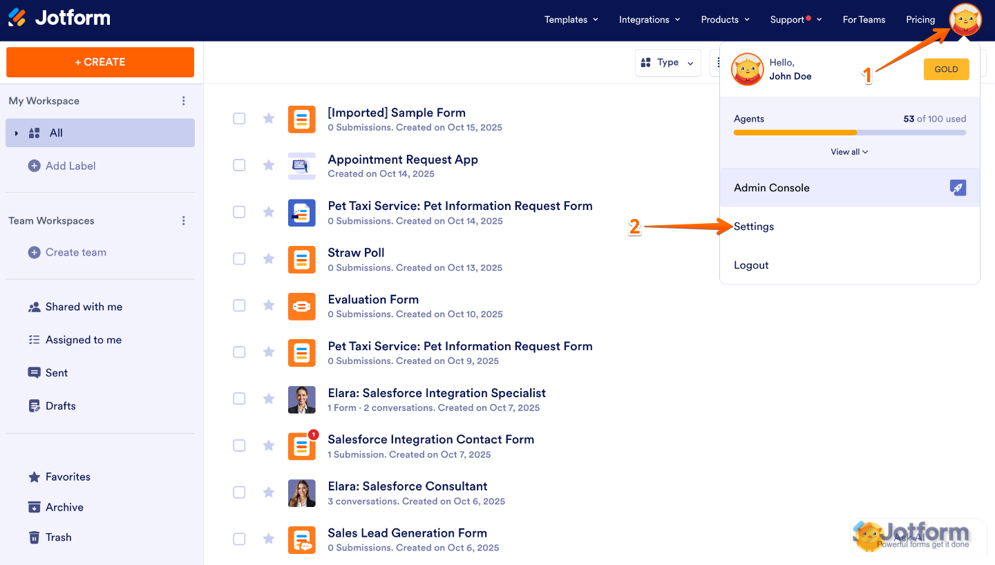 Navigating to Jotform Account Settings through the profile picture dropdown menu on the top-right of the Workspace screen