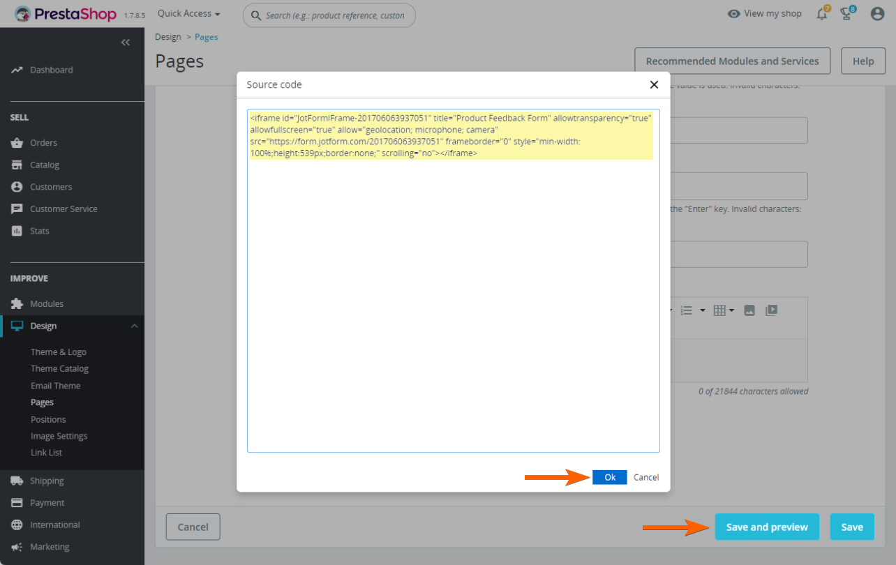 Form embed code in Page content Source code window in PrestaShop Dashboard