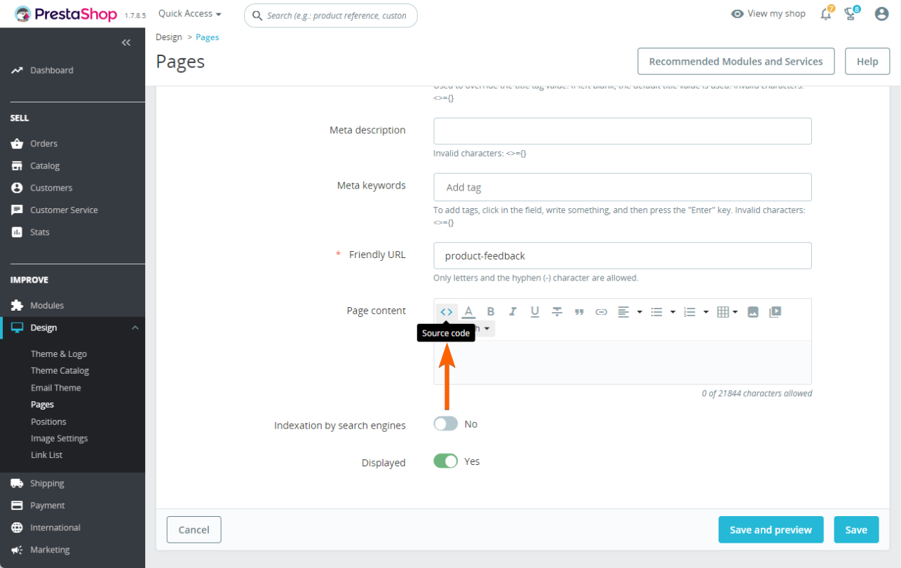 Page content setting of the Pages section in PrestaShop Dashboard