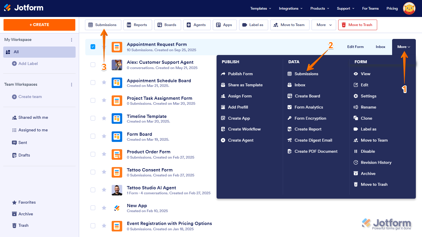Dropdown menu in Jotform’s My Workspace with the Submissions option