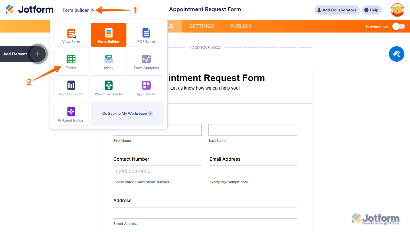 Downward Arrow icon to access Tables and view submissions in Jotform