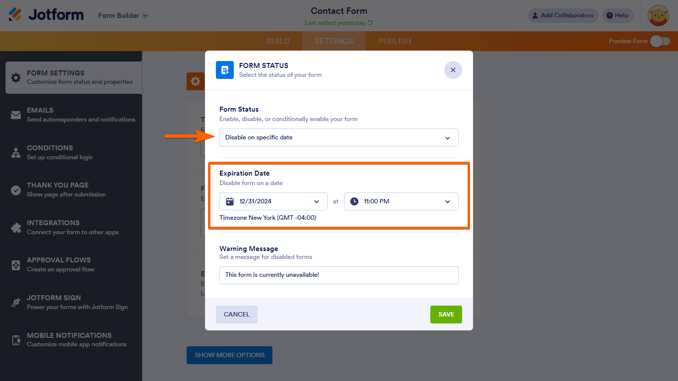 Pasos para establecer una fecha de vencimiento en el Constructor de Formularios de Jotform