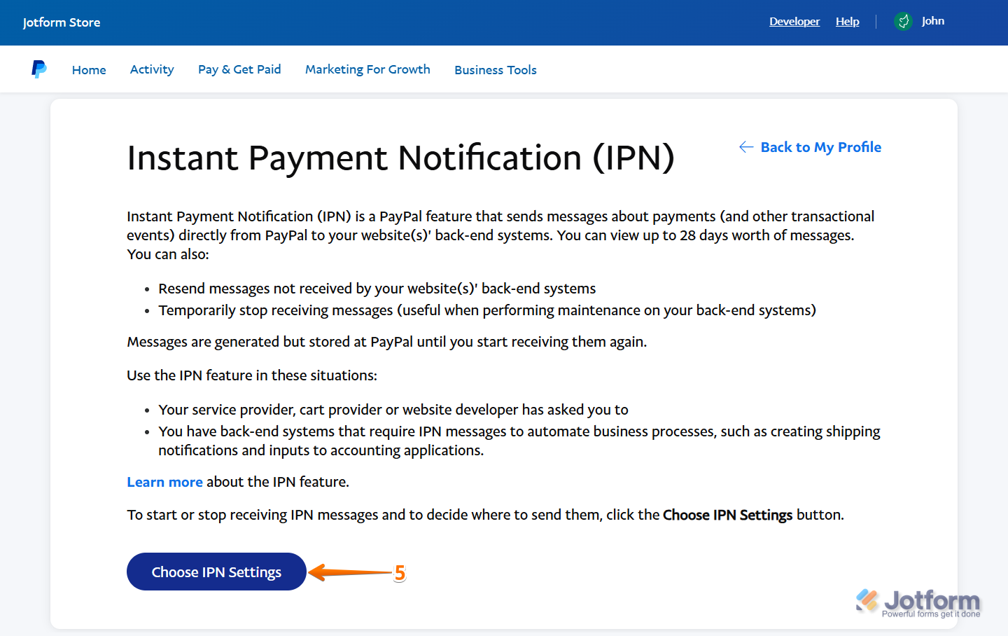 Choose IPN Settings button in PayPal