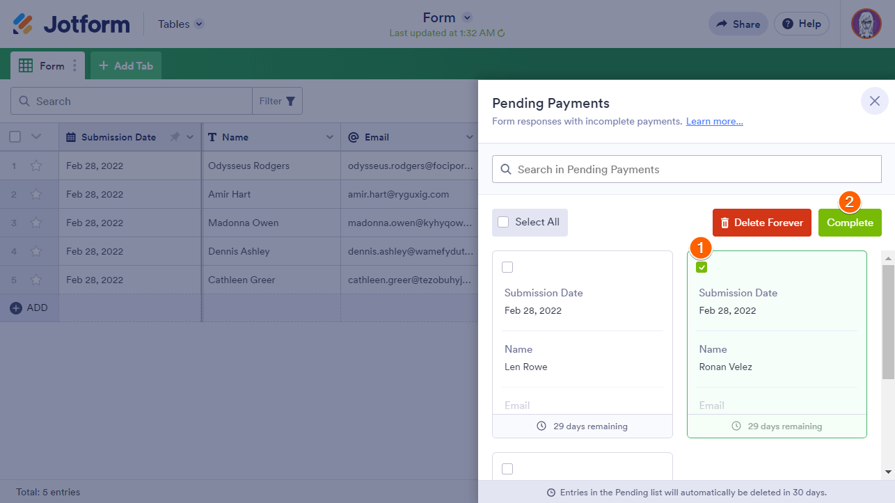 Steps to complete a pending payment in Jotform Tables
