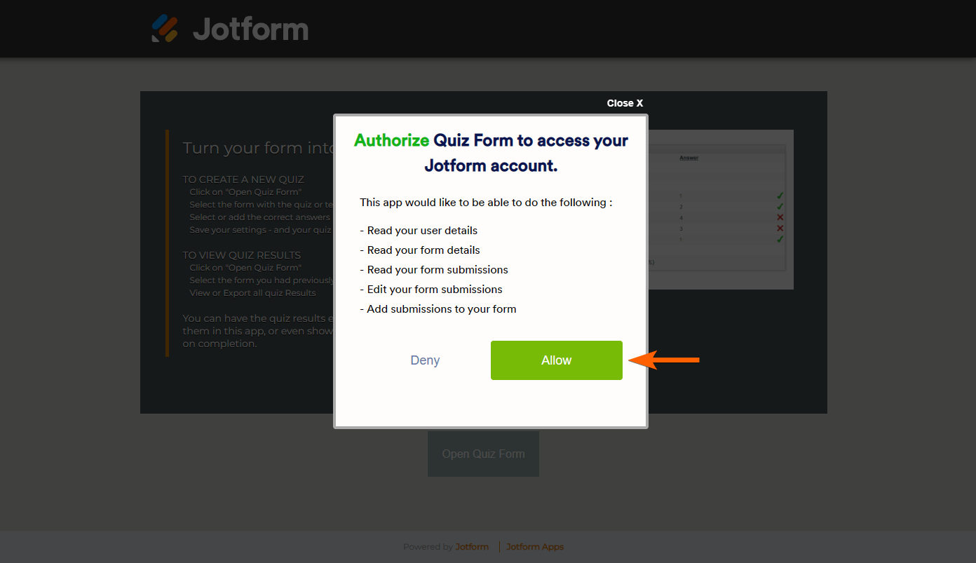 An arrow pointing to the Allow button in Quiz Form's authorization dialog