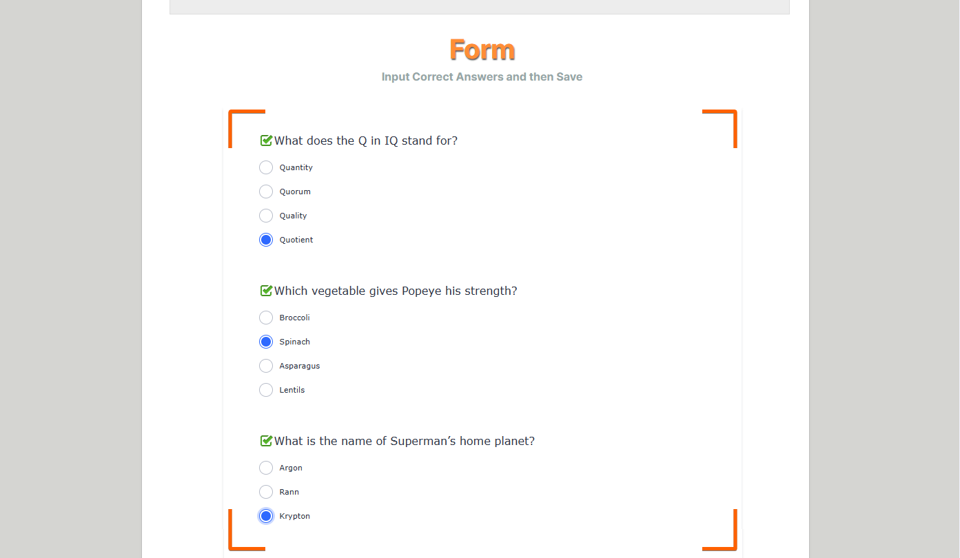 A form with answers to its questions in Quiz Form