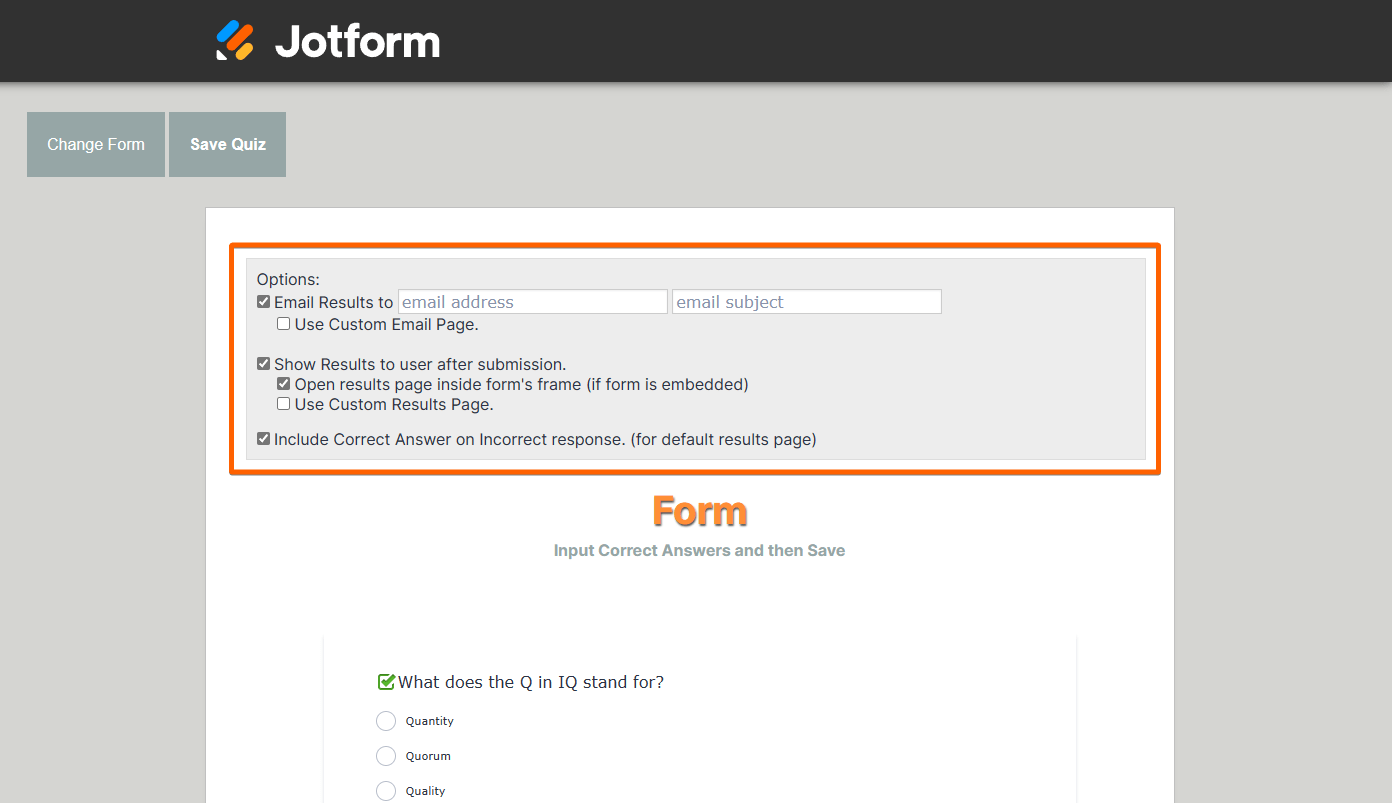 A highlight to Quiz Form's options