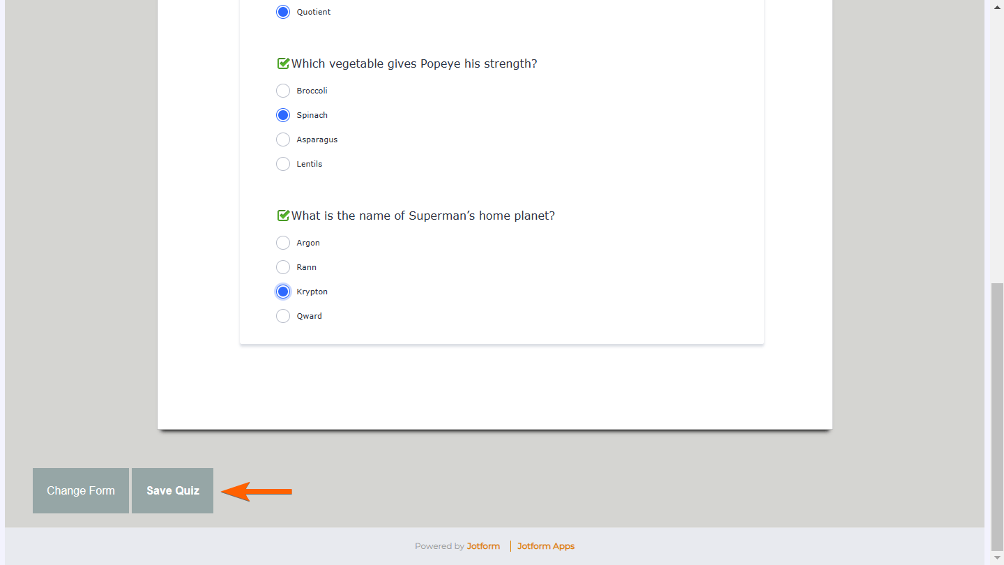 An arrow pointing to the Save Quiz button in Quiz Form
