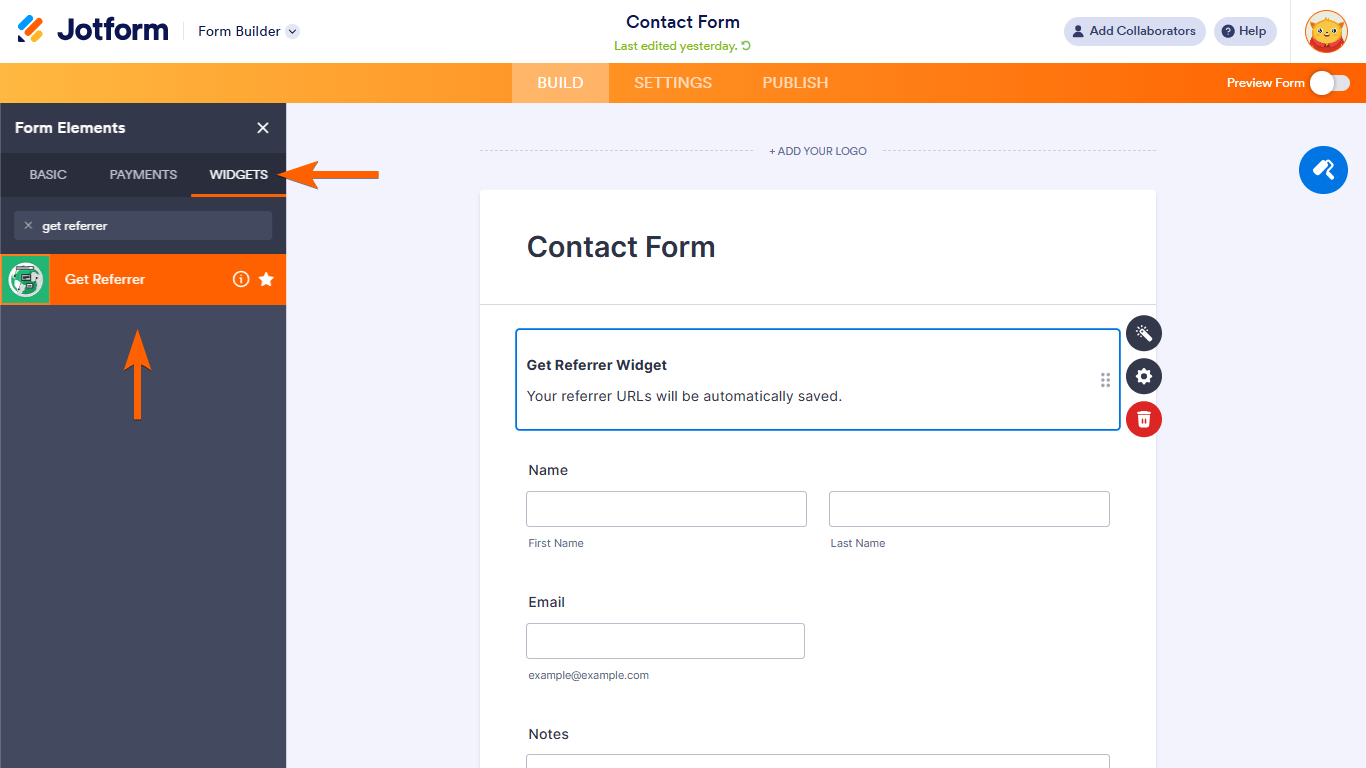 Un widget de Obtener Referente en el Generador de Formularios de Jotform
