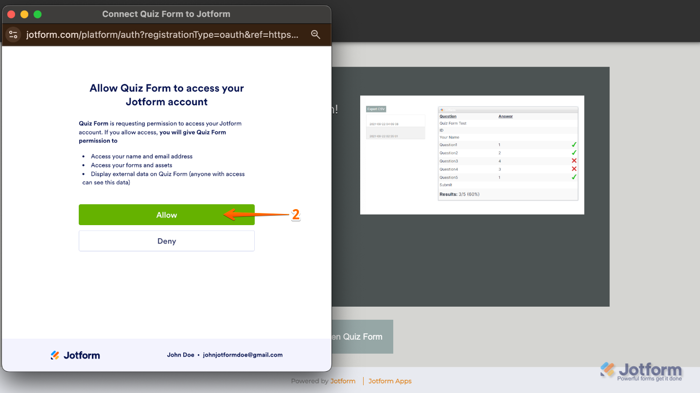 Jotform login pop-up window prompting user to grant access by clicking Allow