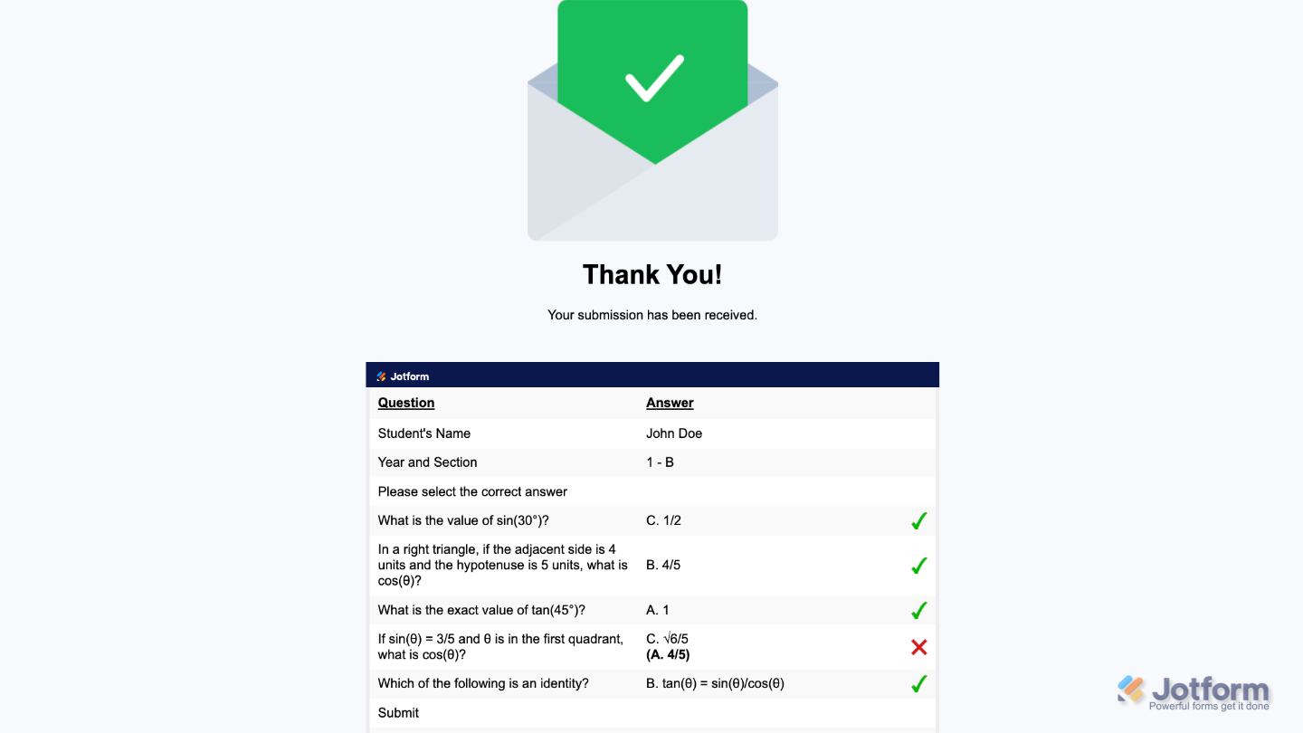 Example of Jotform quiz results where users see correct answers to mistakes