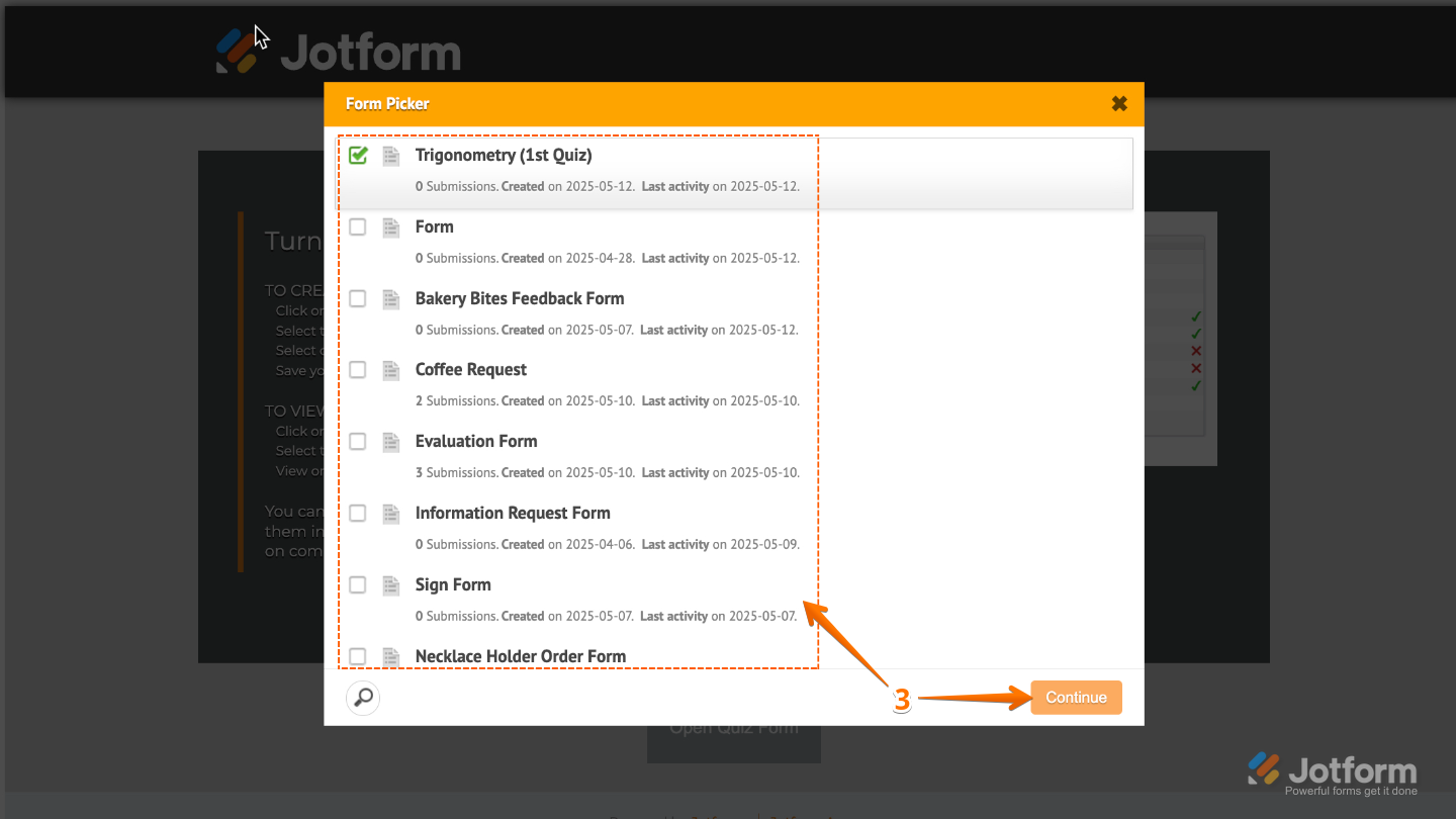 Jotform Form Picker interface showing selected form and Continue button