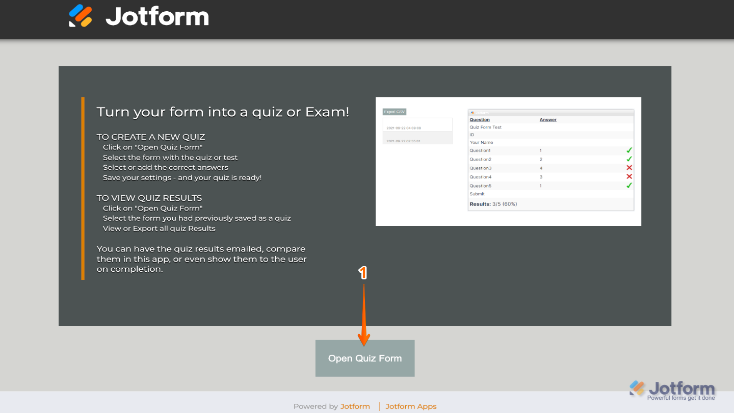 User interface showing the Open Quiz Form button on the Quiz Form configuration page